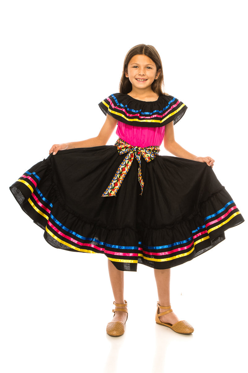 Girl's Traditional Mexican Cinco De Mayo Fiesta Dress - Black Pink, Mix RG, Girls Dress (4-14)
