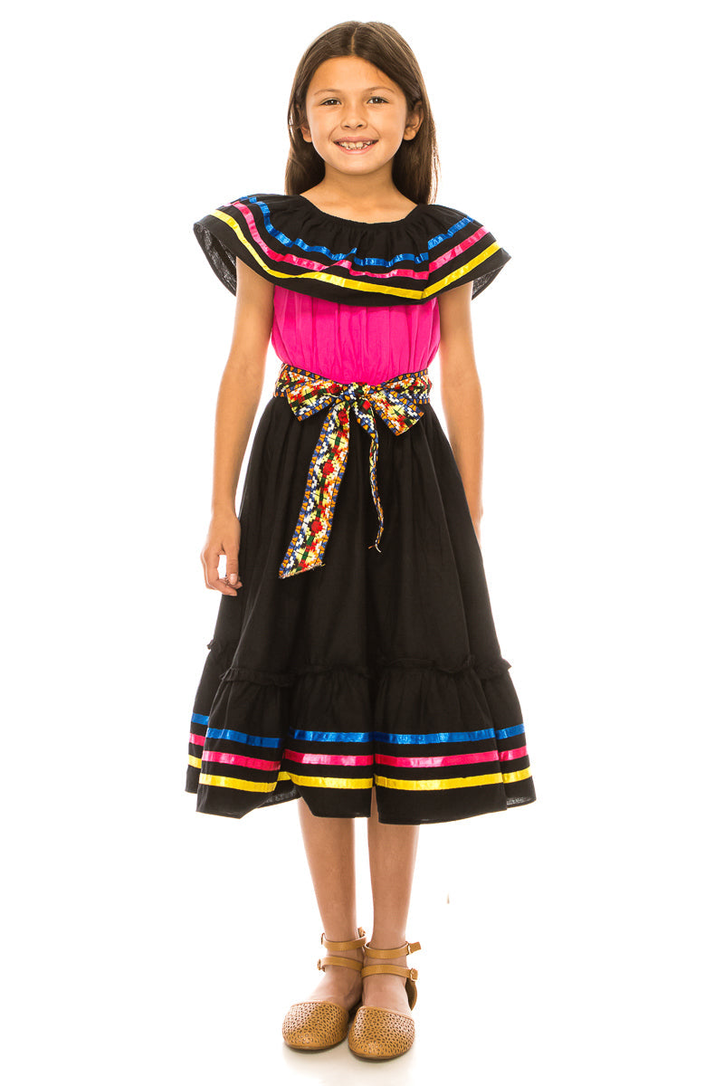 Girl's Traditional Mexican Cinco De Mayo Fiesta Dress - Black Pink, Mix RG, Girls Dress (4-14)