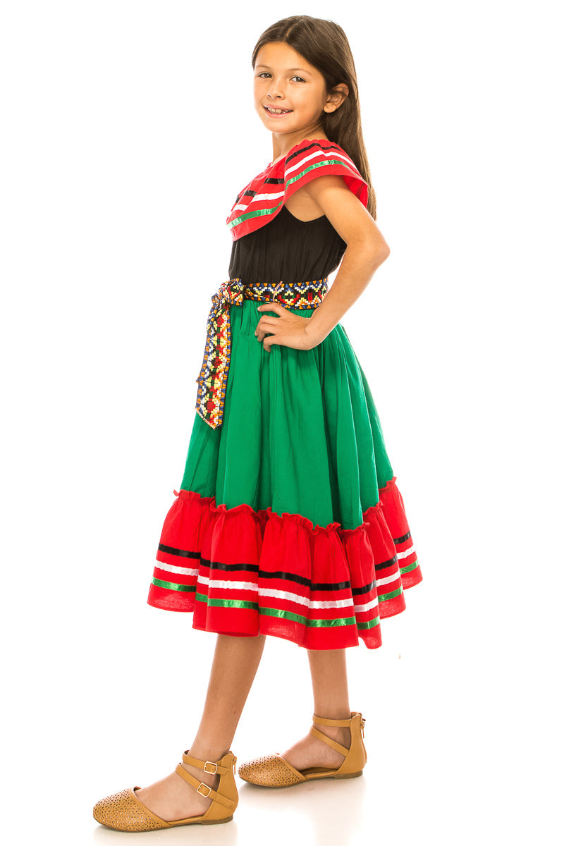 Girl's Traditional Mexican Cinco De Mayo Fiesta Dress - Black Pink, Mix RG, Girls Dress (4-14)