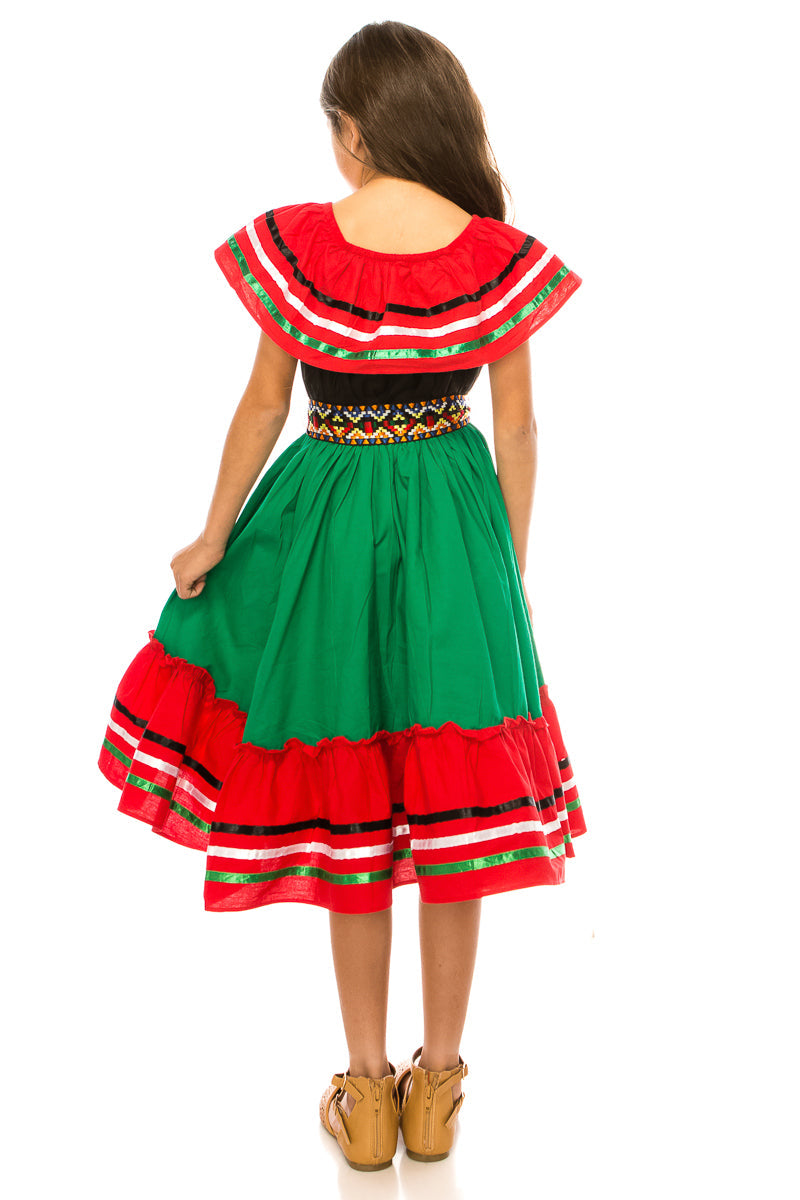 Girl's Traditional Mexican Cinco De Mayo Fiesta Dress - Black Pink, Mix RG, Girls Dress (4-14)