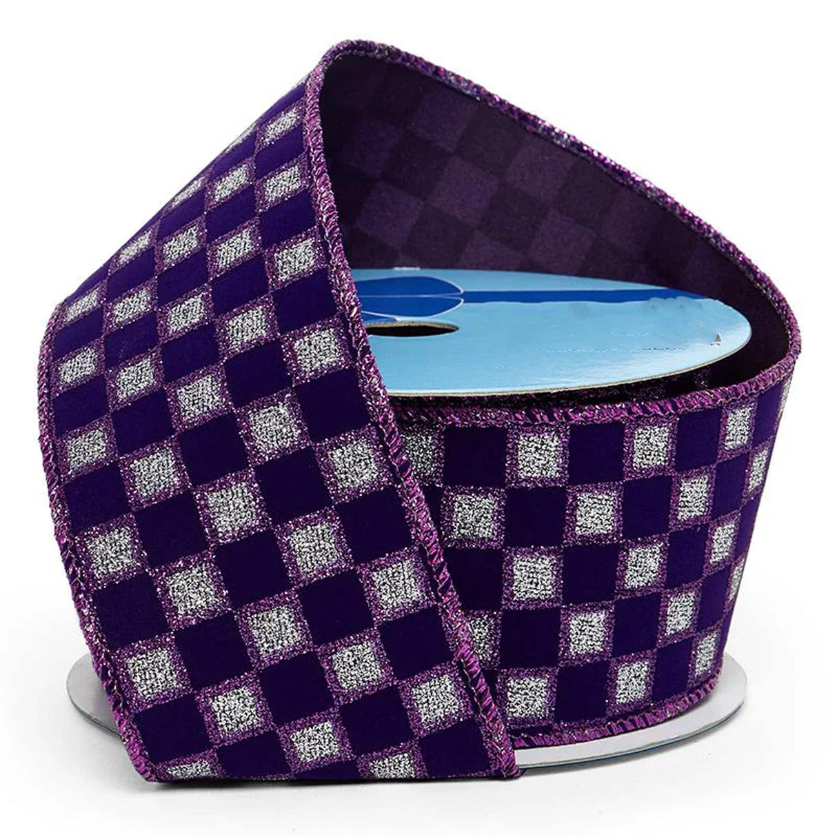 Sparkling Checkered Print On Velvet Wired Ribbon 2 1/2 '' X 10 yd Silver / Purple Color 1 / roll