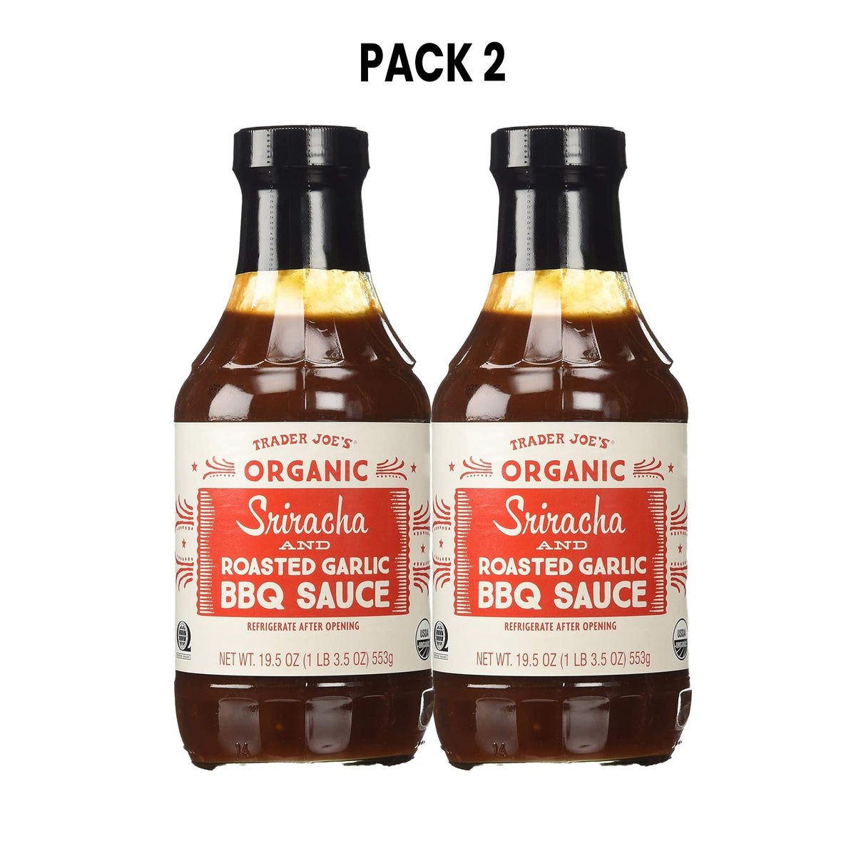 Trader Joe's Organic Sriracha and Roasted Garlic BBQ Sauce Bundle 19.5 Oz