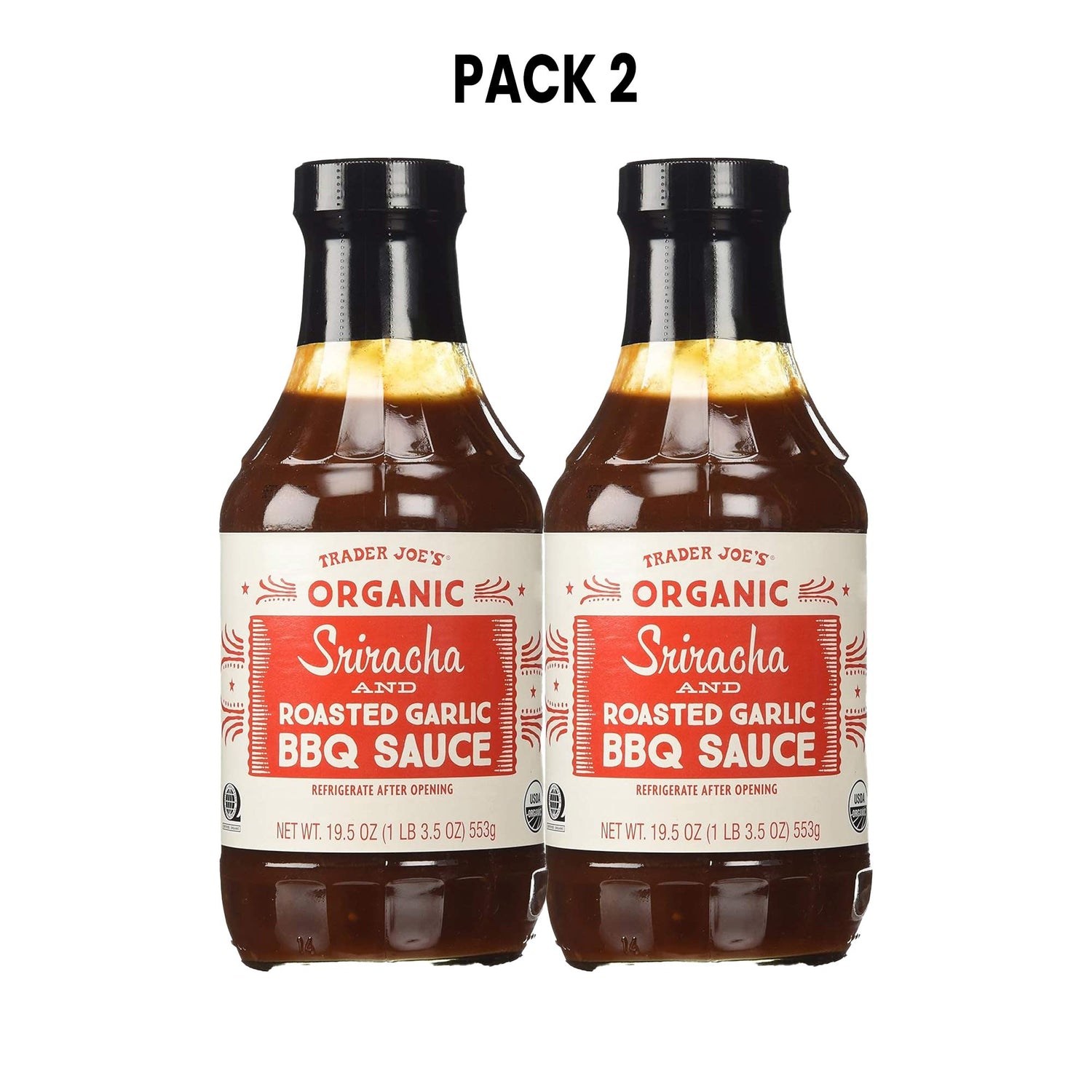 Trader Joe's Organic Sriracha and Roasted Garlic BBQ Sauce Bundle 19.5 Oz
