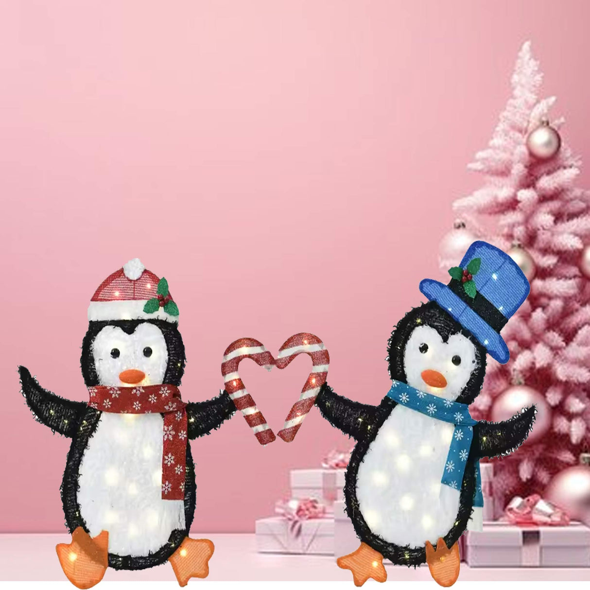 Set of Two Heart-Shaped Penguins Decorative Figurines Indoor Outdoor 30" & 32"H