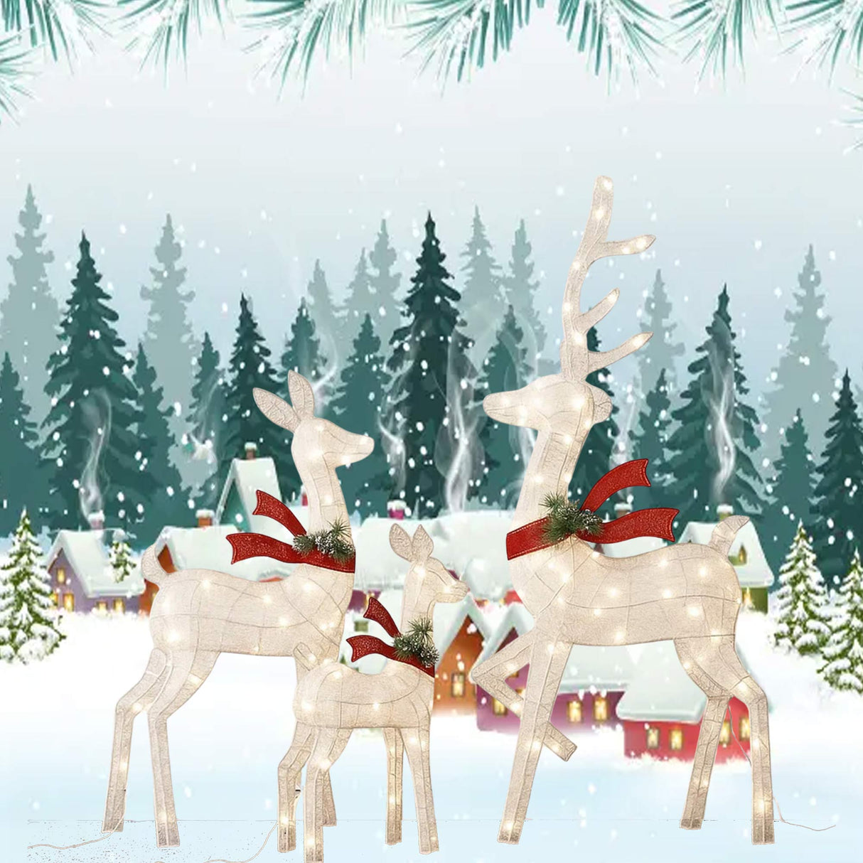 Elegant Lighted Deer Family Set with White Thread for Holiday Decor