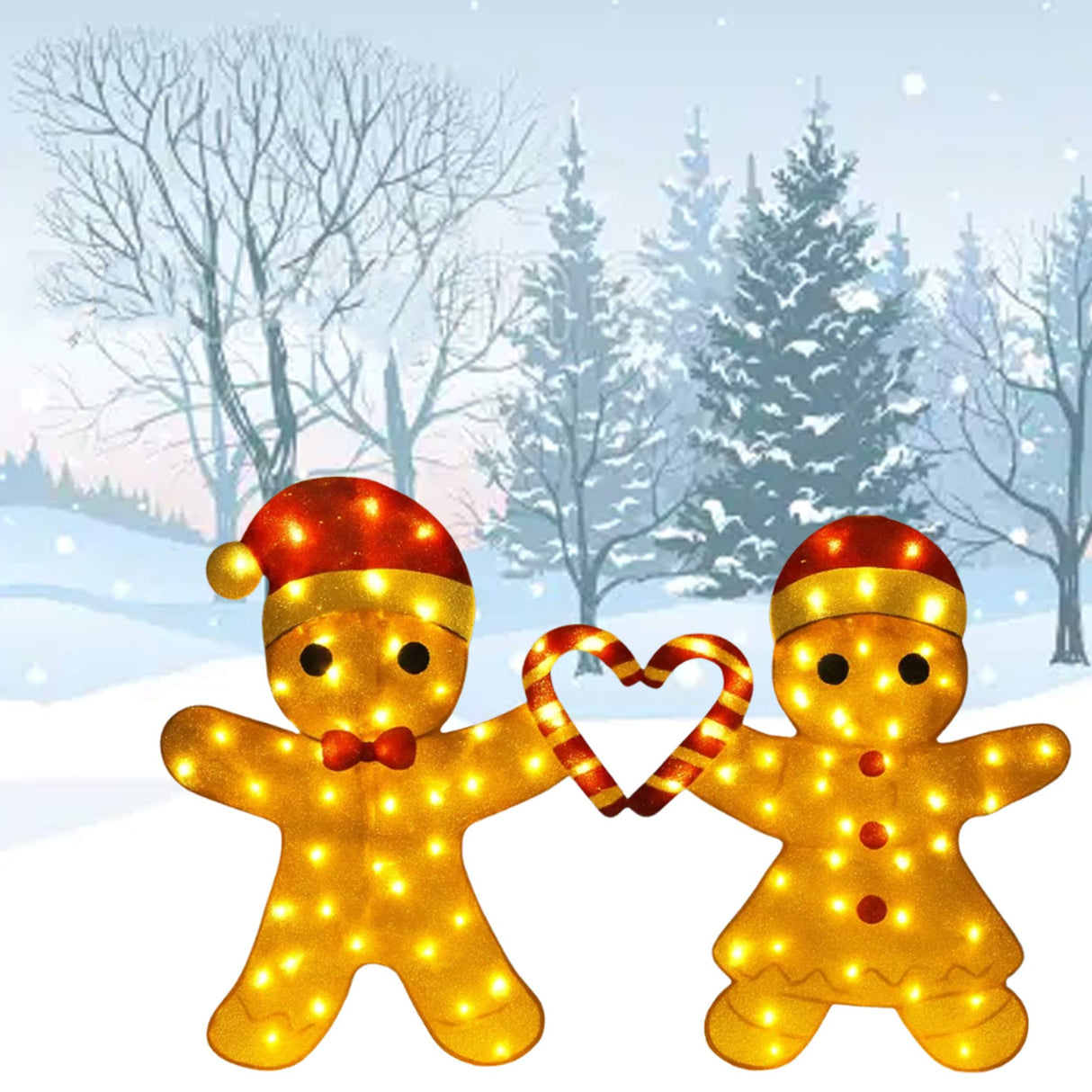 Delightful Light Up Gingerbread Man Couple with Heart-Shaped Candy Cane