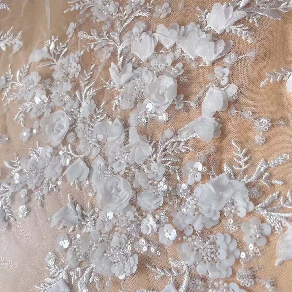 -White 3D Chiffon Flowers Beaded Sequins Embroidered Lace Fabric . Wedding Dress Shining Bride Fabric RS250481