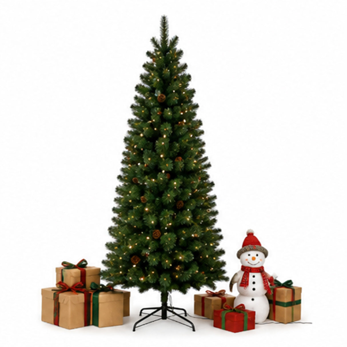 7.5FT Pre Lit Pencil Christmas Tree with Pinecones LED