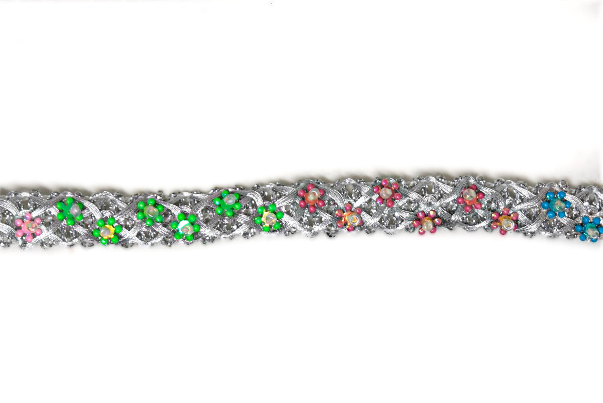 Gimp Trim Metallic Silver Flower Beads 1/2"