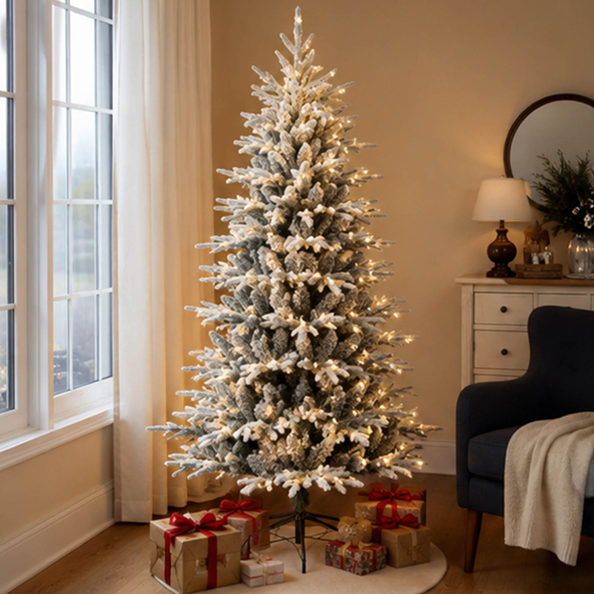 6FT Pre Lit Flocked Christmas Tree Warm White LED