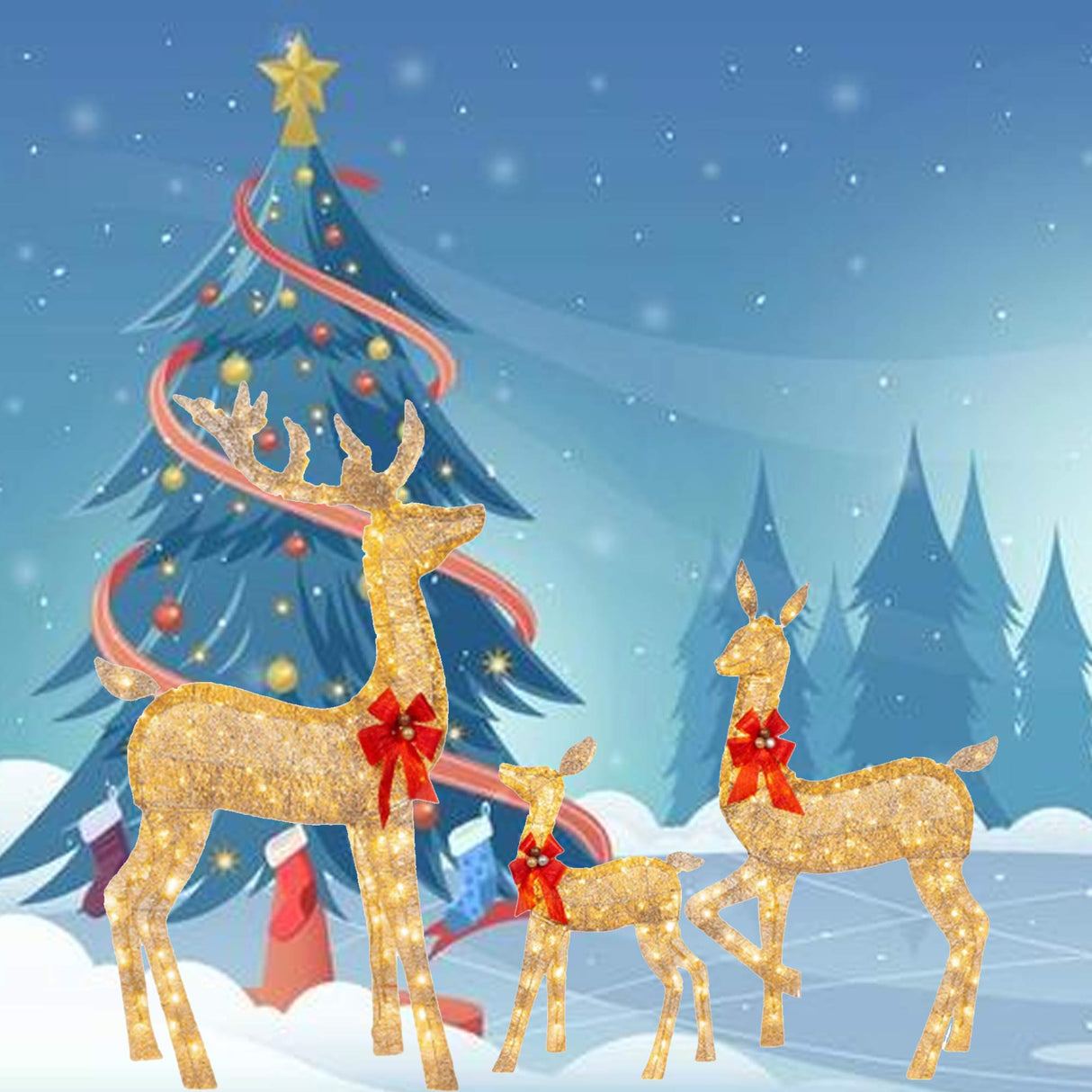 Elegant Champagne Rattan Deer Trio for Holiday Lawn and Entryway Displays 63" + 52" + 37"