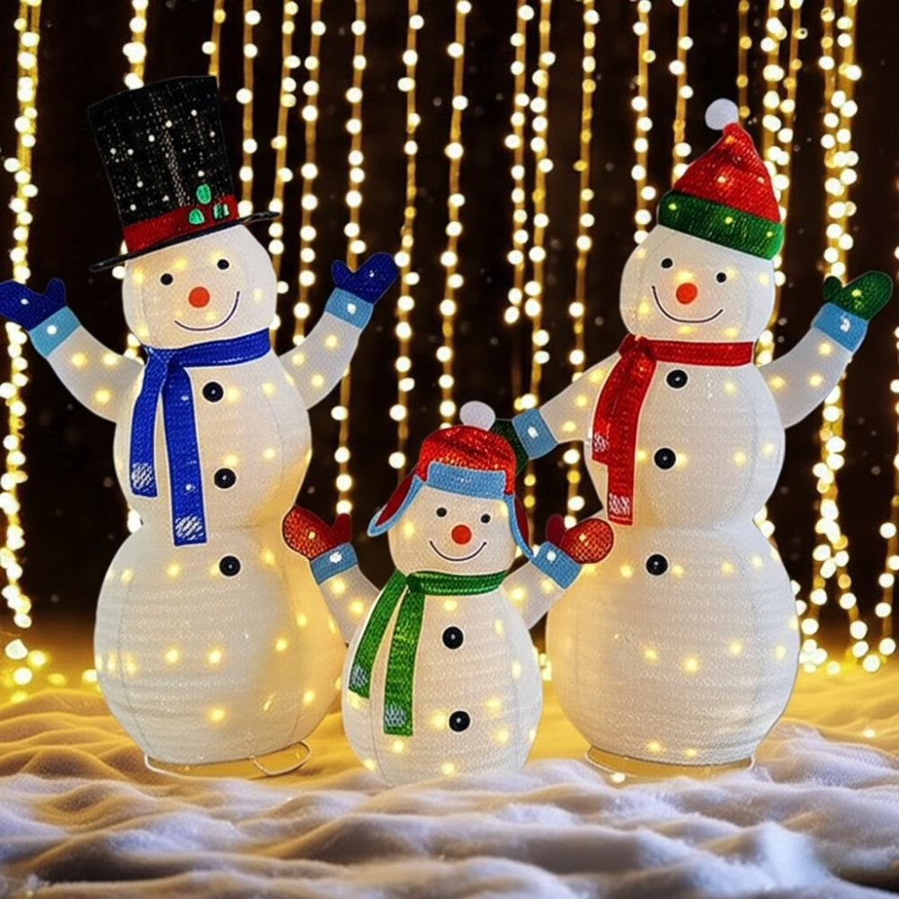 Joyful Lighted Snowman Family Set with Plush Lanterns for Holiday Decor
