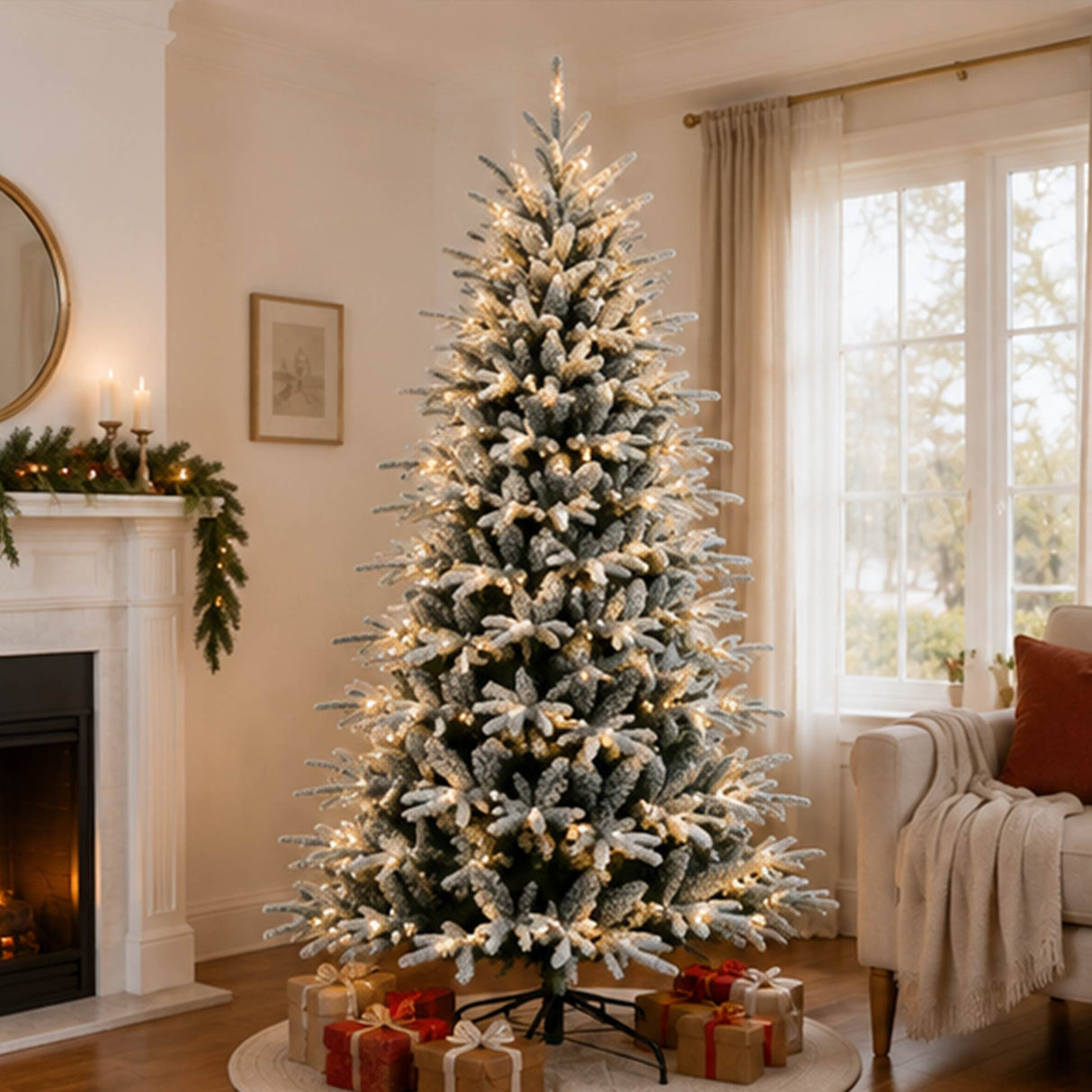 7.5FT Pre Lit Flocked Christmas Tree Warm White LED