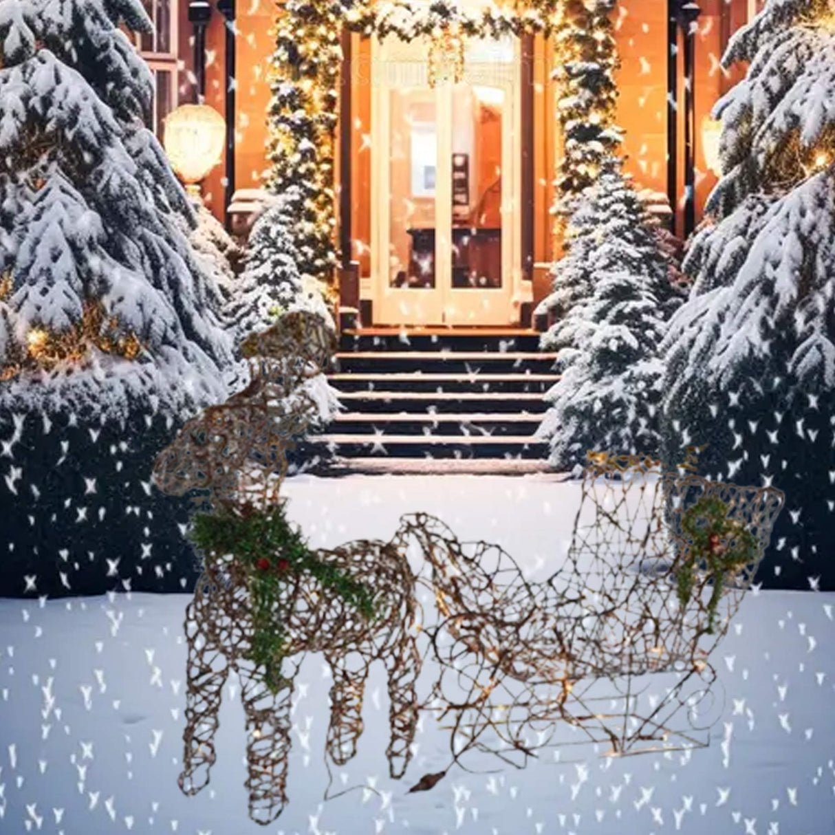 Coffee-Colored Lighted Reindeer with Sleigh Outdoor Christmas Yard Decoration