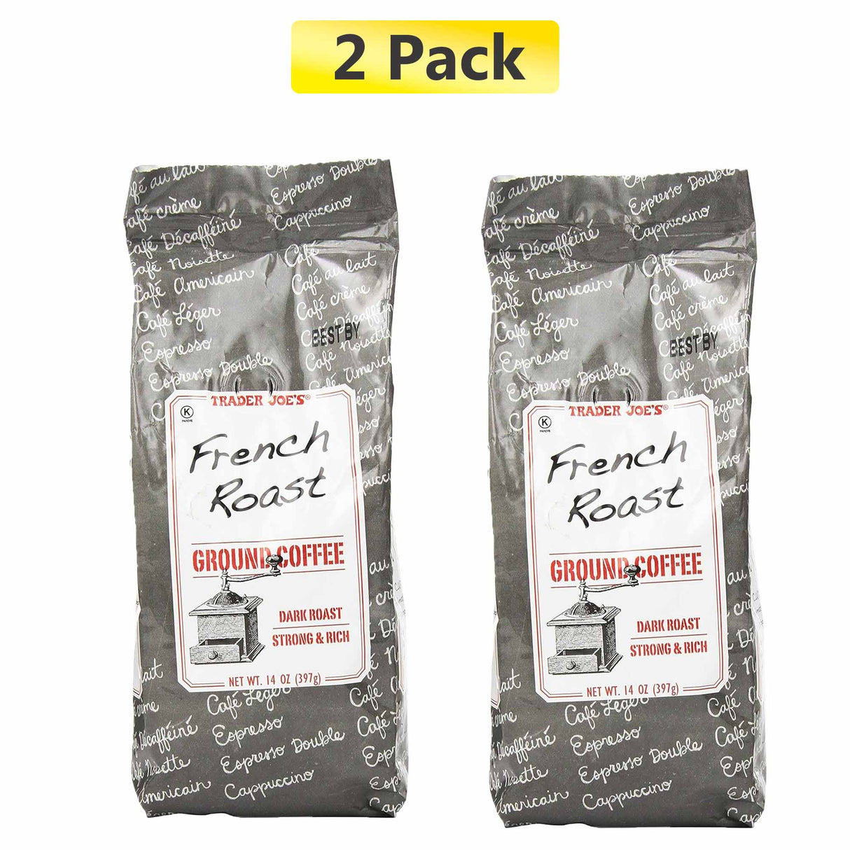 Traders Joe's French Roast Ground Coffee (Two 14oz Bags) Multi-Pack