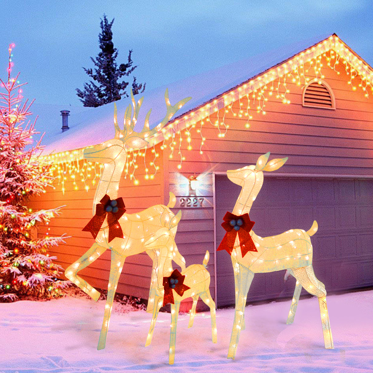 Outdoor Christmas Reindeer Set with Warm White LED Lights UL Listed Indoor/Outdoor Yard Decoration 31" 27" 18.5"