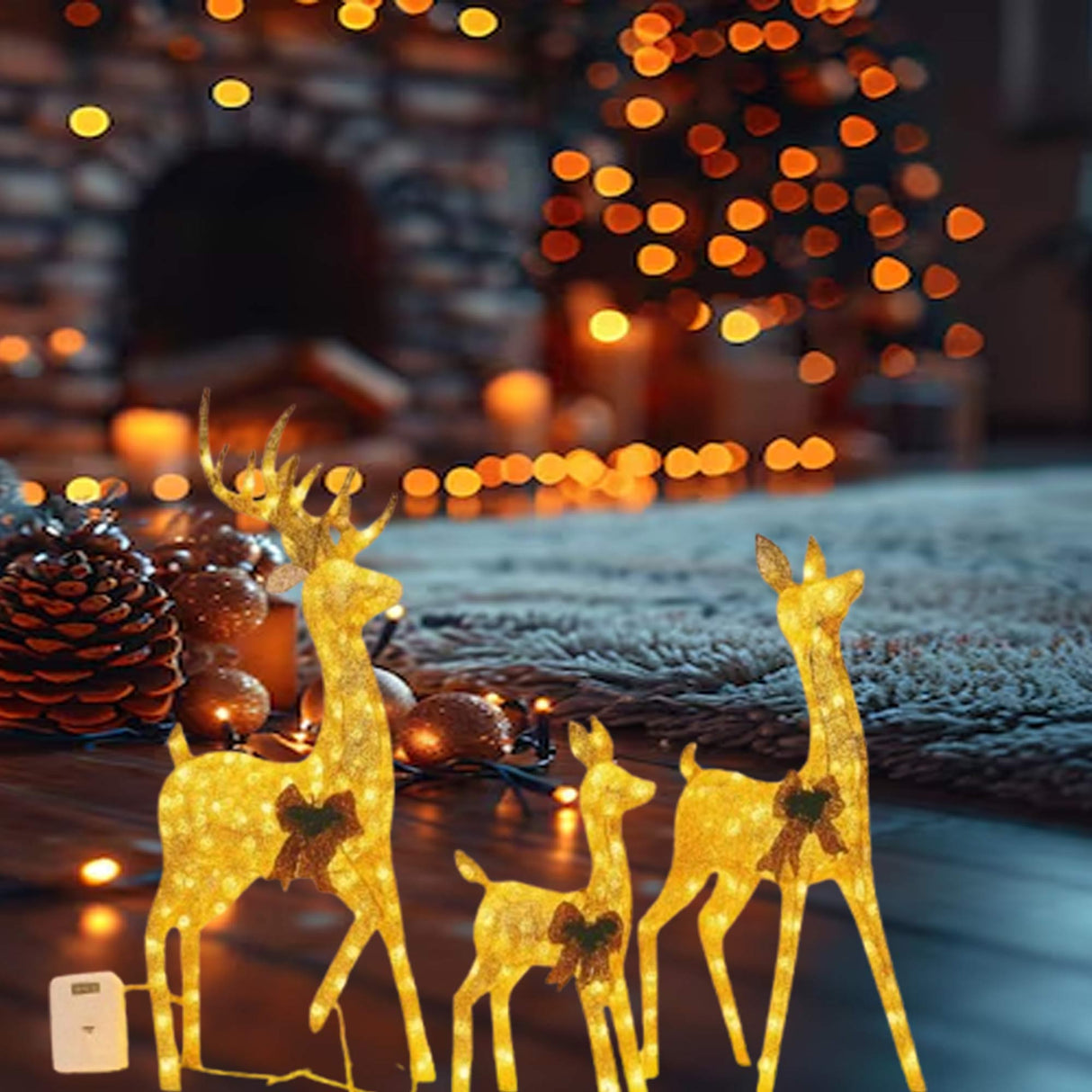 Champagne Cotton Thread Set of Three Deer 60" 48" 32" Holiday Decor