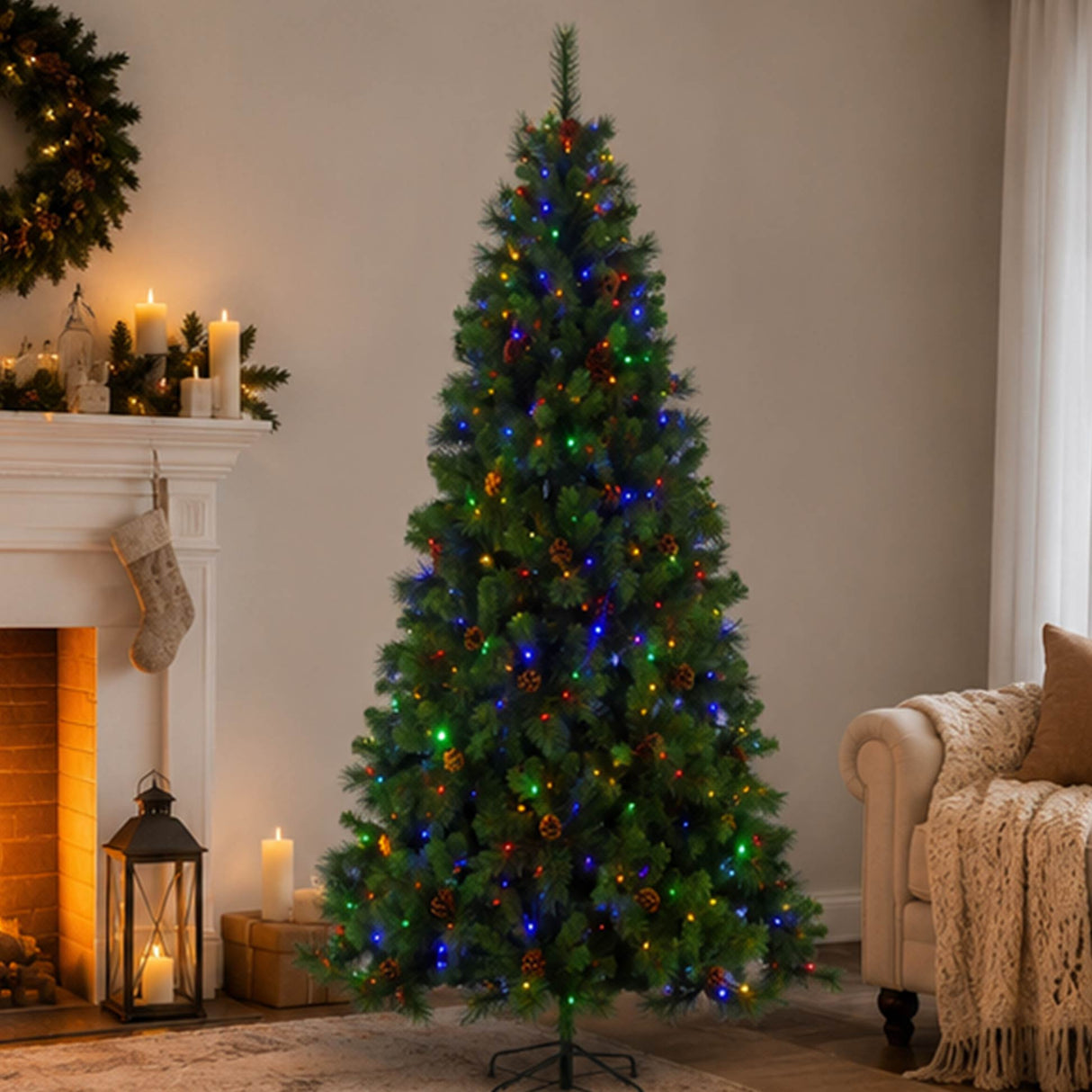 7.5FT Pre Lit Christmas Tree Warm White Pinecones LED