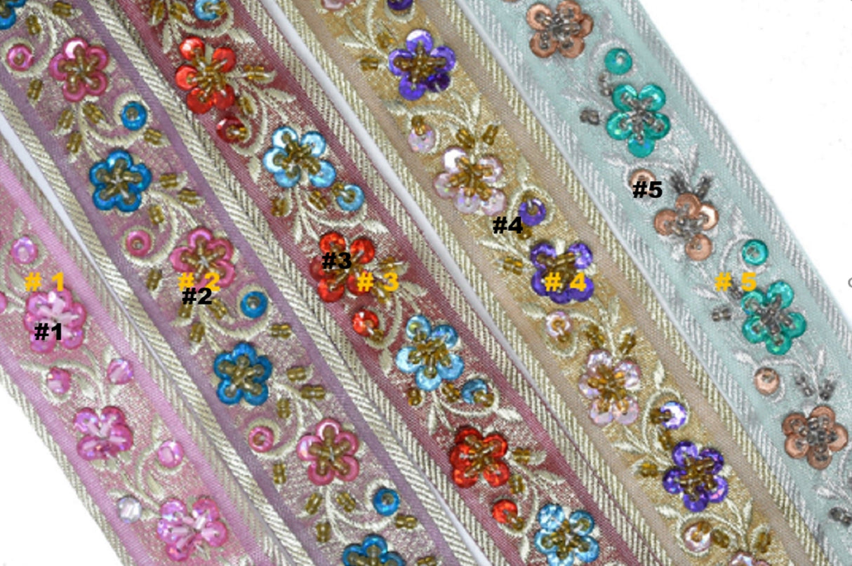 Embroidered Floral Sequins Trim 1.125"