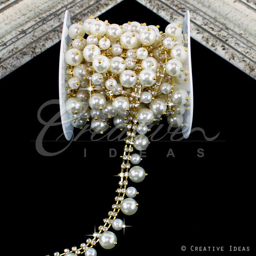 3/4" Dual Size Hanging Pearl Rhinestone Chain-3 Yds (Gold)