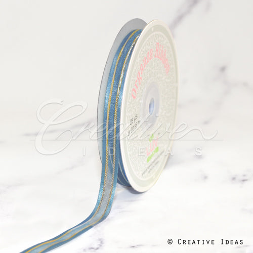 3/8" Organza With Satin And Gold Edge Ribbon - 25 Yards (Antique Blue)