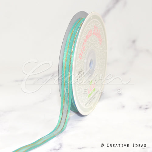 3/8" Organza With Satin And Gold Edge Ribbon - 25 Yards (Aqua)