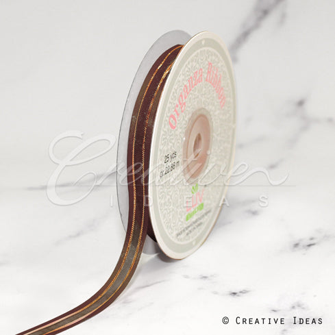 3/8" Organza With Satin And Gold Edge Ribbon - 25 Yards (Brown)