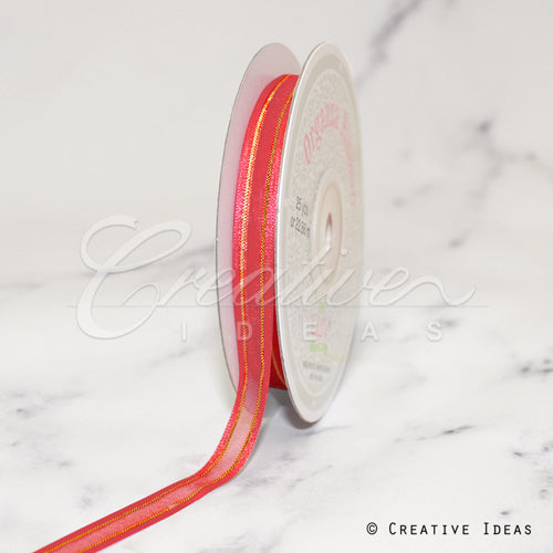 3/8" Organza With Satin And Gold Edge Ribbon - 25 Yards (Coral)