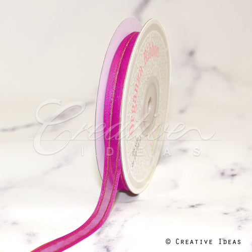 3/8" Organza With Satin And Gold Edge Ribbon - 25 Yards (Fuchsia)