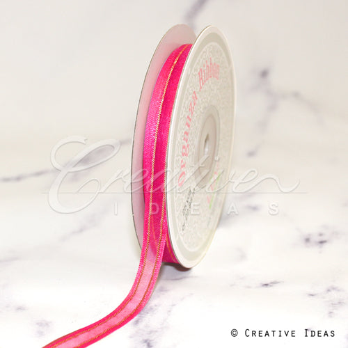 3/8" Organza With Satin And Gold Edge Ribbon - 25 Yards (Hot Pink)