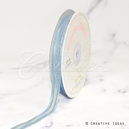 3/8" Organza With Satin And Gold Edge Ribbon - 25 Yards (Light Blue)