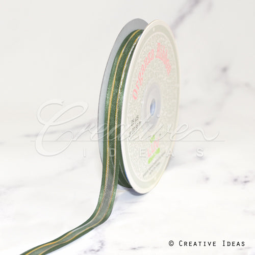 3/8" Organza With Satin And Gold Edge Ribbon - 25 Yards (Moss Green)