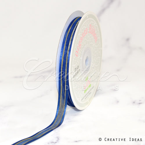 3/8" Organza With Satin And Gold Edge Ribbon - 25 Yards (Navy Blue)
