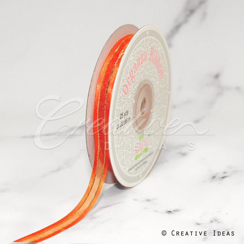 3/8" Organza With Satin And Gold Edge Ribbon - 25 Yards (Orange)