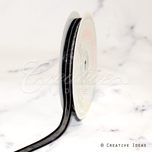 3/8" Organza With Satin & Silver Edge Ribbon - 25 Yards (Black)