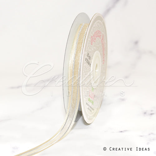 3/8" Organza With Satin & Silver Edge Ribbon - 25 Yards (Ivory)