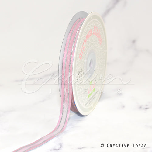 3/8" Organza With Satin & Silver Edge Ribbon - 25 Yards (Light Pink)