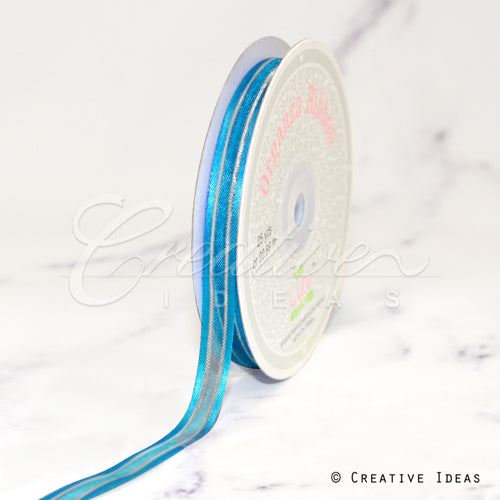 3/8" Organza With Satin & Silver Edge Ribbon - 25 Yards (Turquoise)