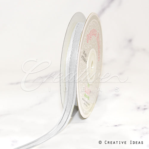3/8" Organza With Satin & Silver Edge Ribbon - 25 Yards (White)
