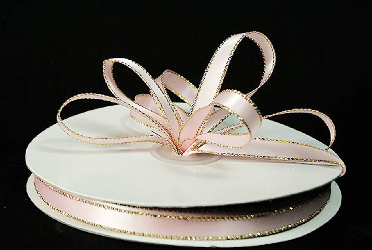 3/8"x50 yard Light Pink Satin Gift Ribbon with Gold Edge
