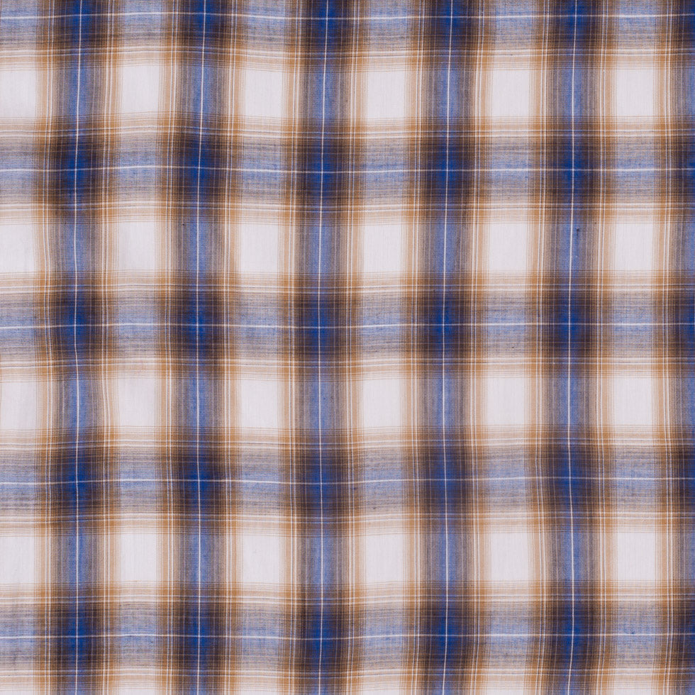 Famous NYC Designer Blue/Gold Plaid Cotton Voile