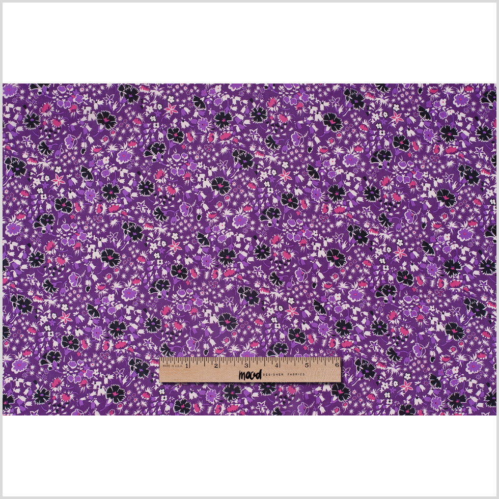 Famous Designer Bright Violet Retro Floral Silk Chiffon Print