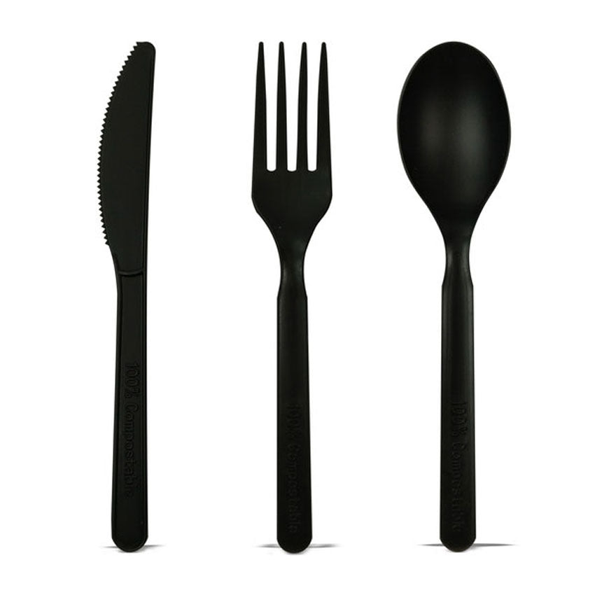 Packnwood Compostable & Heat Proof Black 4 in 1 Cutlery Kit With Kraft Bag, 6", Case of 250