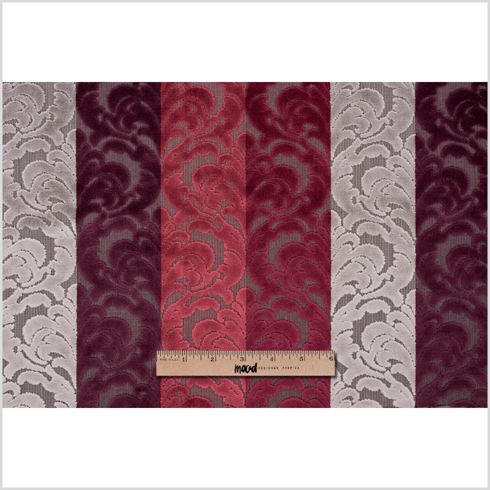 Deep Reds and Taupe Striped/Floral Cut Velvet