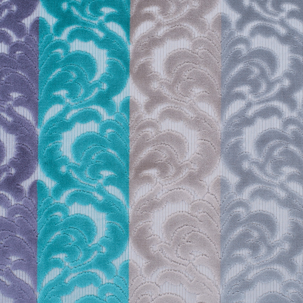 Silver, Purple and Aqua Striped/Floral Cut Velvet