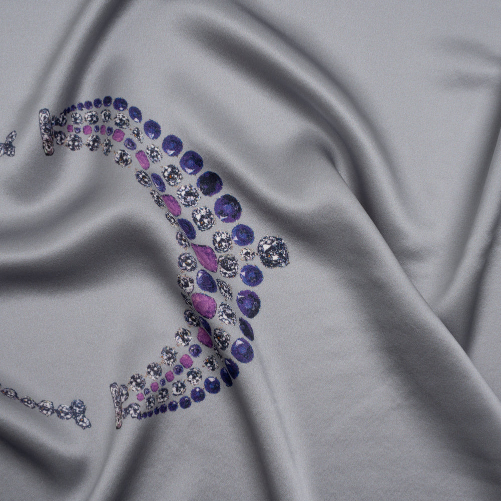 Silk Charmeuse Panel by Ralph Lauren - Silver, Pink and Purple Jeweled Necklace - Designer Deadstock