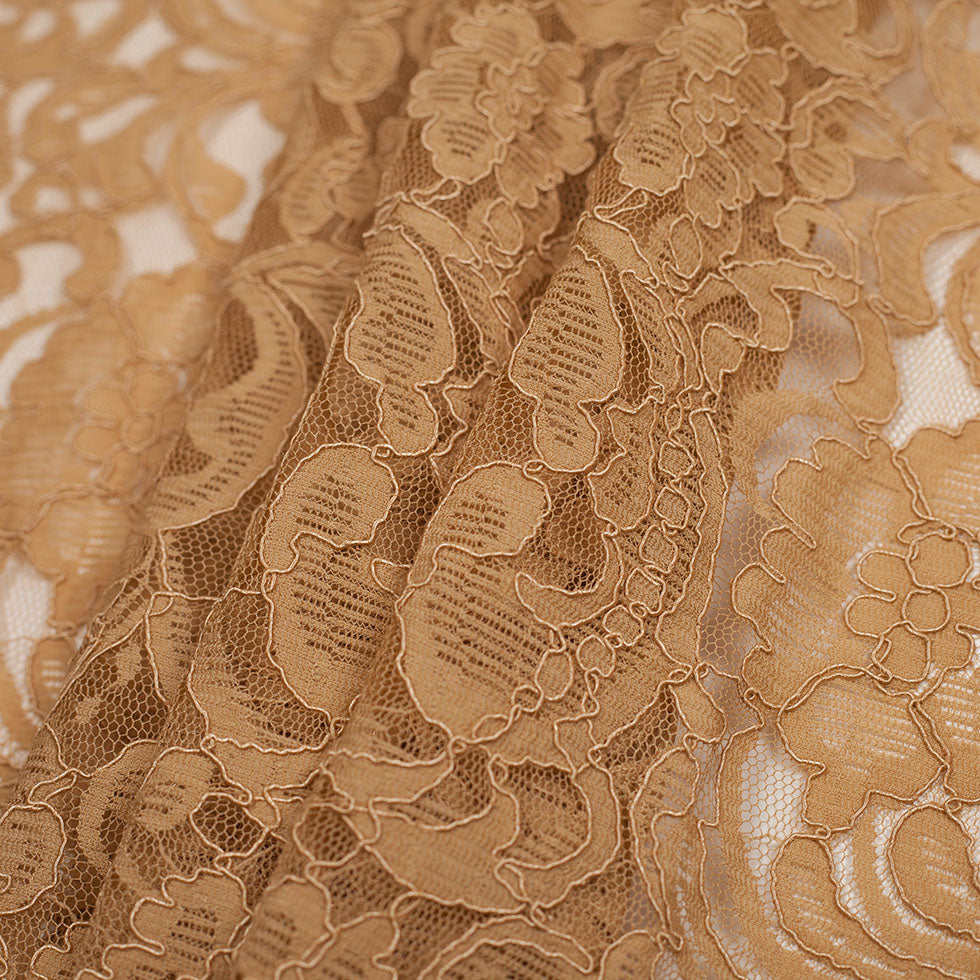 Re-Embroidered Lace with Scalloped Edge - Camel Floral