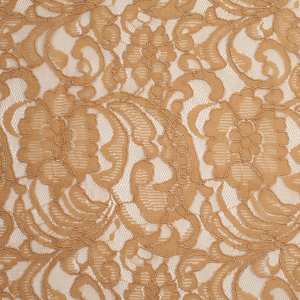 Re-Embroidered Lace with Scalloped Edge - Camel Floral