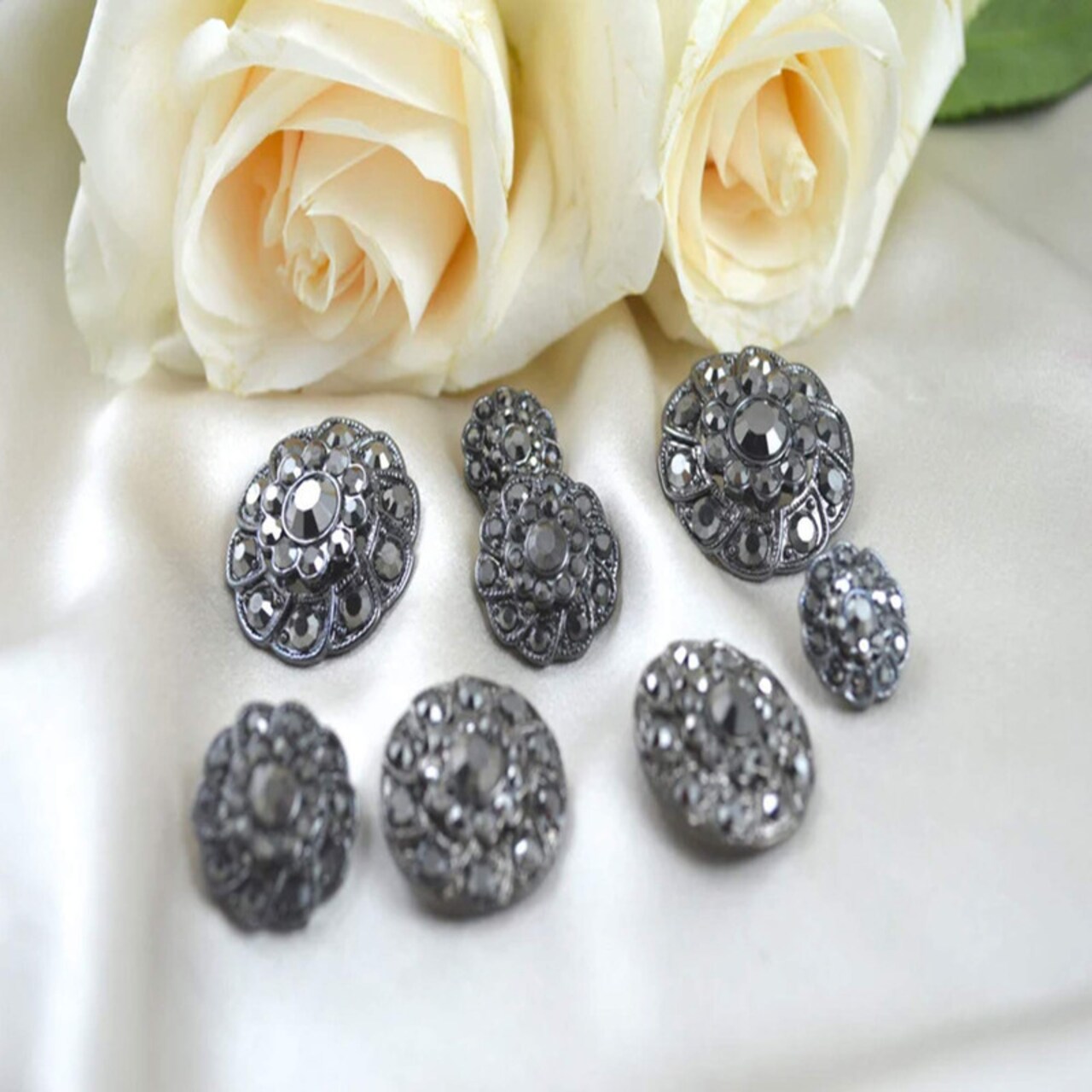 5/8" Small Gunmetal Rhinestone Button For Vintage Sewing Projects