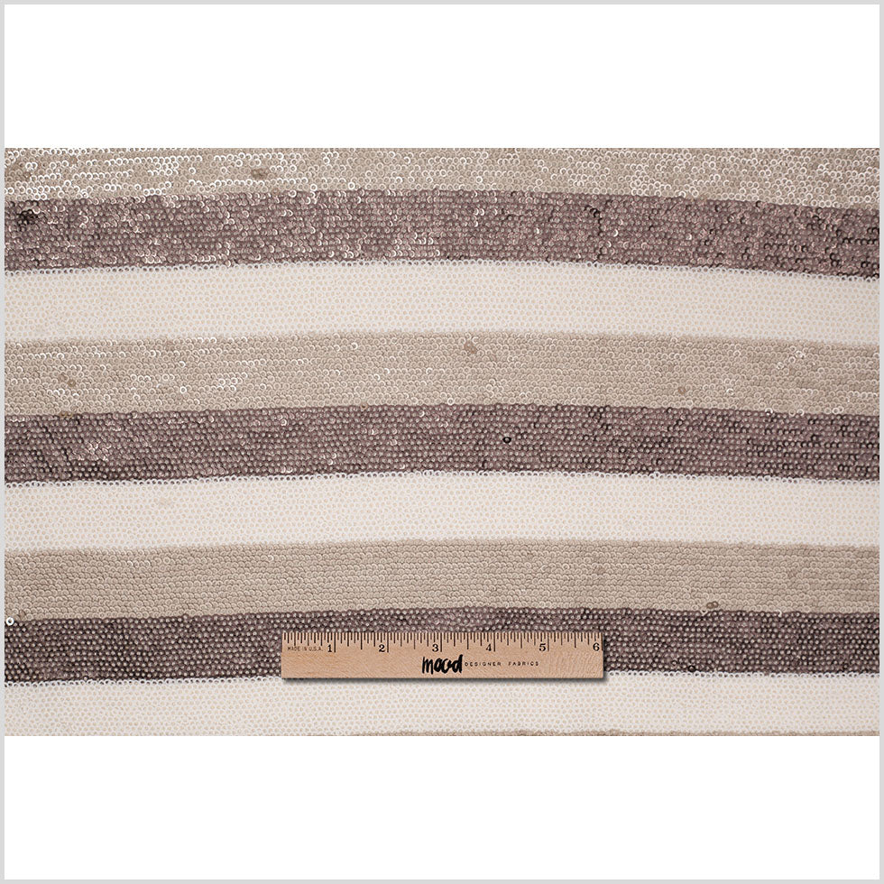 Beige/Brown/White Striped Baby Sequins on Polyester Mesh